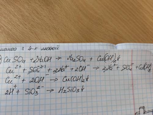 Написати повні та скорочені йонні рівняння 1. CuSO4 + NaOH= 2. 2H+ + SiO3²‐ = H2SiO3