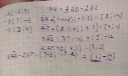 Дано точки а (-2; 3) в (1; -1) с (2; 4) найти координаты вектора mn=3ab-2ac