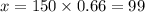 x = 150 \times 0.66 = 99 \\