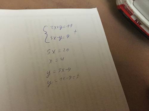 Решите систему сложения 2x+y=11 3x-y=9