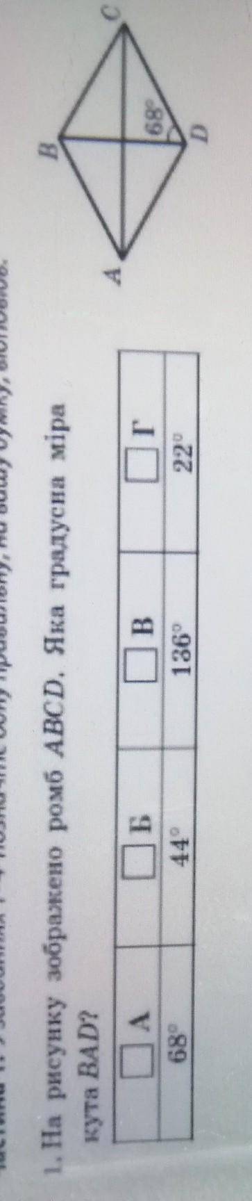 На рисунку зображено ромб ABCD. Яка градусна міра кута BAD? 