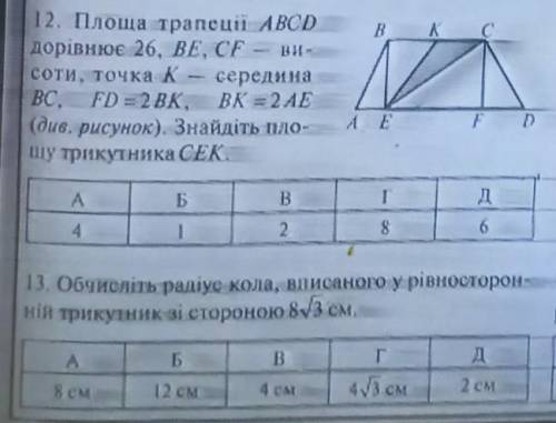 Пожайлуста очень Площадь трапеции ABCD равна 26 см² . BE , СF -ее высоты , точка
