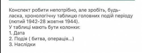 Зробіть, хронологічну таблицю головних подій періоду (лютий 1942-28 жовтня 1944).у таблиці мають