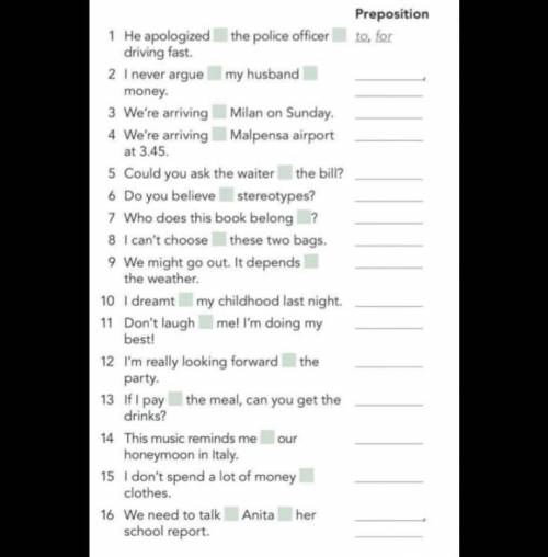 Cover the prepositions with About; At; For; From; In; Of; On; To; With;