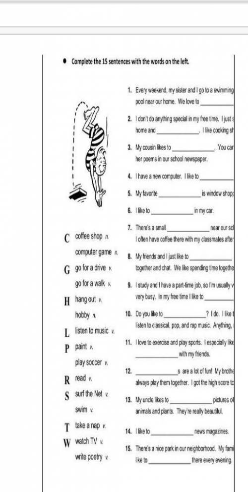 Complete the 15 sentences with the words on the left