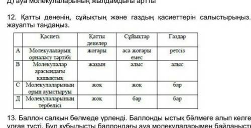 Қатты дененің сұйықтын жəне газдын қасиеттерін салыстырыңыз Дұрыс жауапты танданыз