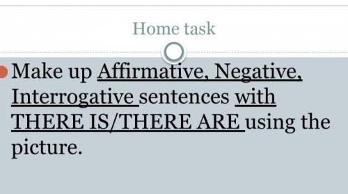 Home task • Make up Affirmative, Negative,Interrogative sentences withTHERE IS/THERE ARE using the