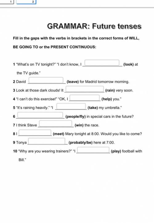 Grammar future tenses fill in the gaps with 