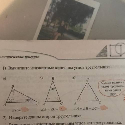 Вычислите неизвестные величины углов треугольника, мне нужен ответ на 1) и 2)-ой