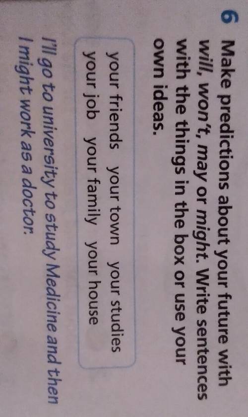 make predictions about you future with will , wont may or might . write sentences with the things in