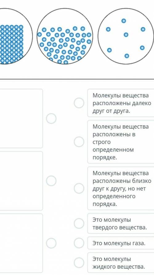 На рисунке показано расположение молекул в 3 состояниях вещества. Установи соответствие между данным