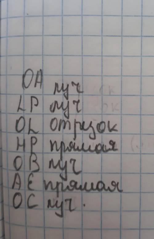 1. Укажите названия следующих элементов на рисунке (прямая, луч, отрезок): OA LP OL HP OB AE