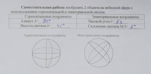 Изобразить 2 объекта на небесной сфере с использованием горизонтальной и экваториальной систем. 