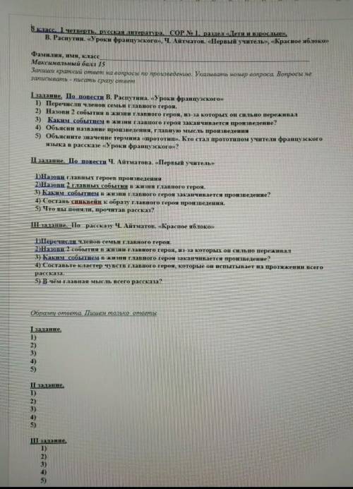 с ответами на вопросы на сор по литературе