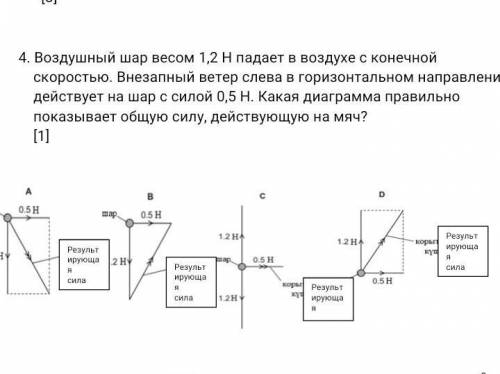 Воздушный шар весом 1,2 H падает в воздухе с конечной скорость внезапный ветер слева в горизонтально