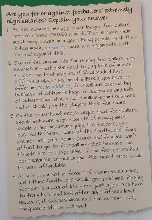 Read the model text and answer the questions.1 Is the writer for or against footballers gettinghigh