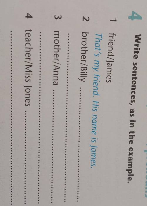 Write sentences,as in the example. 2) brother/Billy3) mother/Anna4) teacher/Miss Jones ​