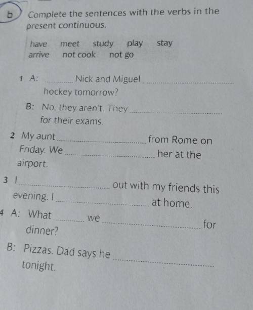B Complete the sentences with the verbs in thepresent continuoushavearrivestaymeetstudy playnot cook