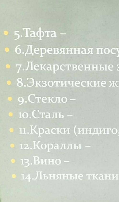 перед вами список некоторых товаров распространяющихся по Великому шелковому пути постарайтесь опред