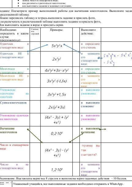 Задание: Посмотрите пример выполненной работы для вычитания многочленом. Выполните задание в предлож