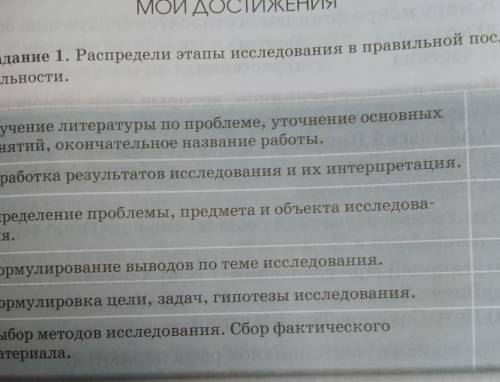 Задание 1. Распредели этапы исследования в правильной последова- 1 Изучение литературы по проблеме,