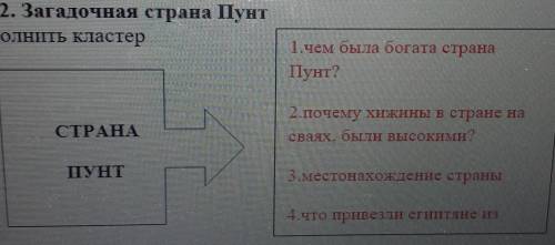 2. Загадочная страна Пунт Заполнить кластер1. чем была богата странаПунт?СТРАНА2.почему хижины в стр