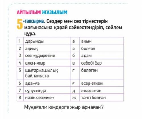 Сөздер мен сөз тіркестерін мағынасына қарай сәкестендіреді. Сөйлем құрастырады