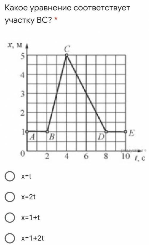 Какое уравнение соответствует участку ВС? * х=tx=2tx=1+tx=1+2t