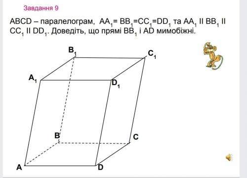 abcd - параллелограмм. aa1=bb1=cc1=dd1 та AA1 || BB1 || CC1 || DD1. Доведіть, що прямі BB1 і AD мимо