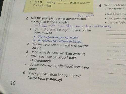 Use the prompts to write questions and answers as in the example.