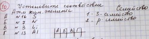 Установите соответствие Атом хим. элемента А) № 16 SБ) № 7 NВ) № 3 LiГ) № 17 AiСемейство элементов 1