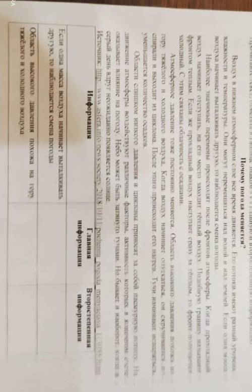 Прочитайте текст, отметьте в таблице знаком V главную и второстепенную информацию