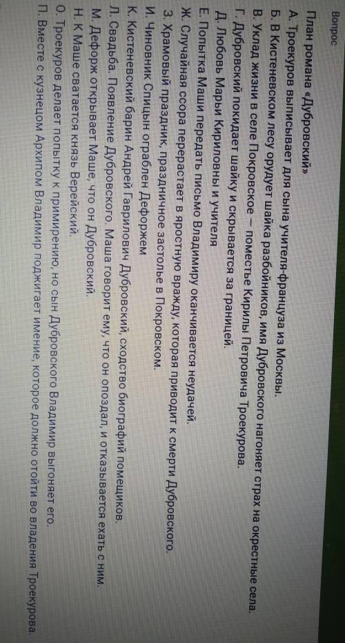план романа Дубровскийвыписать части плана в правильной последовательности