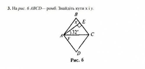 на рисунку АBCD - ромб. Знайдіть кут x i y