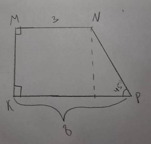 Дано: KMNP-трапеция , MN||KP ,угол K=M=90° , MN=3см , KP=8см , P=45°Найти: MK