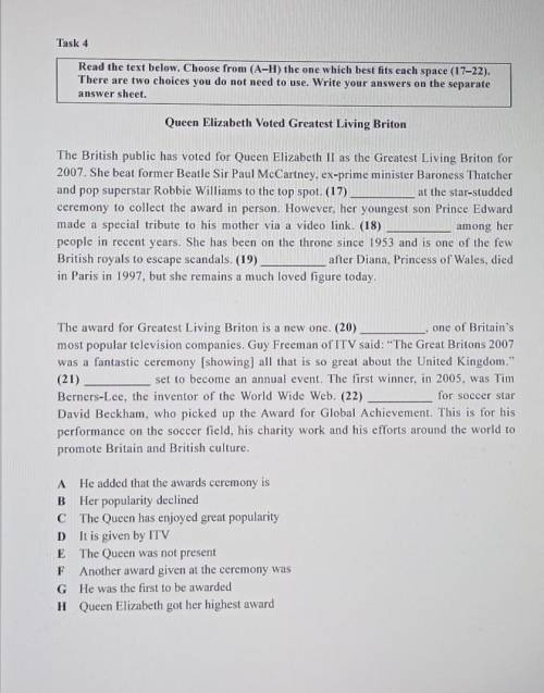 Task 4Read the text below. Choose from (A-H) the one which best fits each space (17–22).There are tw