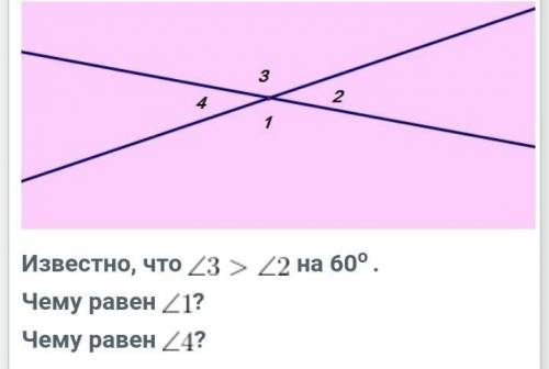 Известно, что угол 3 меньше угла 2 на 60° . Чему равен первый угол?Чему равен четвертый угол?