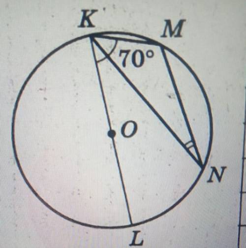 0 — центр кола, кут LKM = 70°. Знайдіть кут KNM.