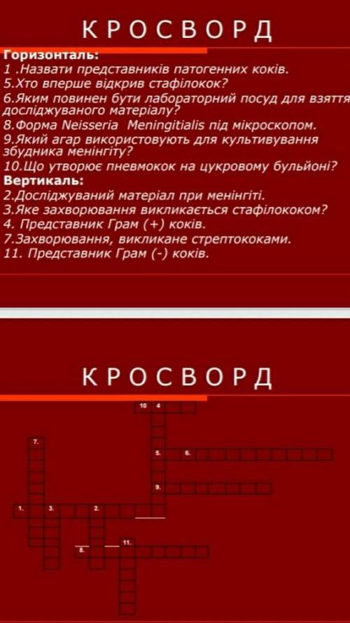 КРОСВОРД на тему ПАТОГЕННІ КОКИ (Мікробіологія)​