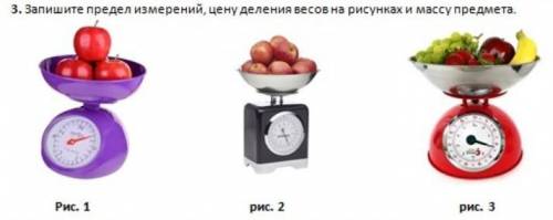 3. Запишите предел измерений, цену деления весов на рисунках и массу предмета. рис. 3Рис. 1рис. 2
