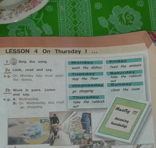 2b work in pairs. Listen and say.e.g.A: Wednesday B:On Wednesday Aziz must go shopping. 