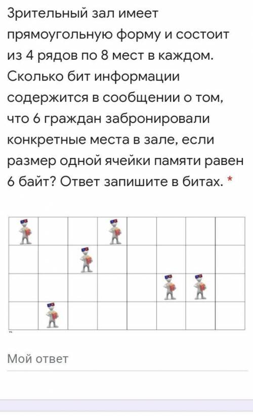 Зрительный зал имеет прямоугольную форму и состоит из 4 рядов по 8 мест в каждом. Сколько бит информ