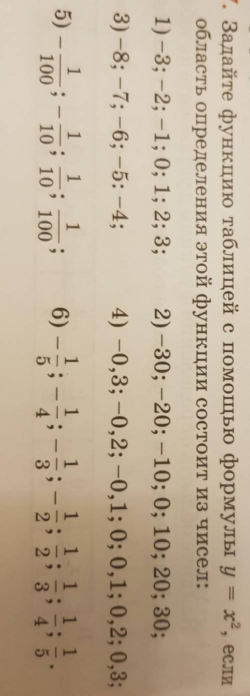задайте функцию таблицей с формулы у=х², если область определения этой функции состоит из чисел: