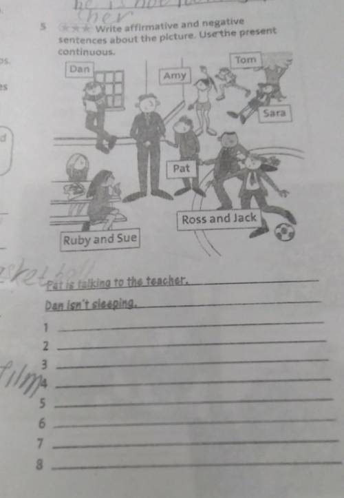 5 Write affirmative and negative sentences about the picture. Use the presentcontinuous.TomDanAmySar