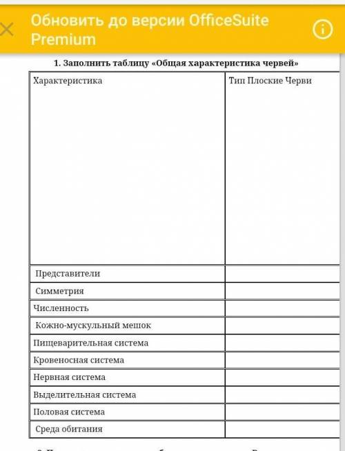 Заполните таблицу общая характеристика червей