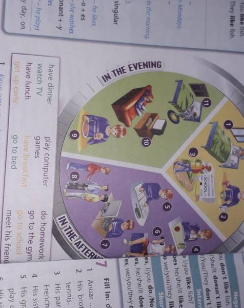 Look at the picture. What does Kevin do morning/afternoon/evening?