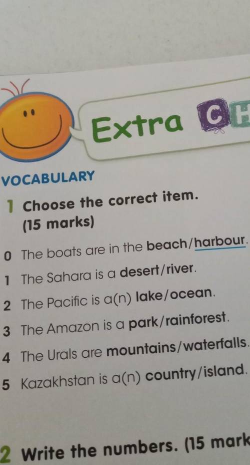 VOCABULARY 1 Choose the correct item15 marks]obobeach harbourdeservedlake/oceanThema pantalones5 cou