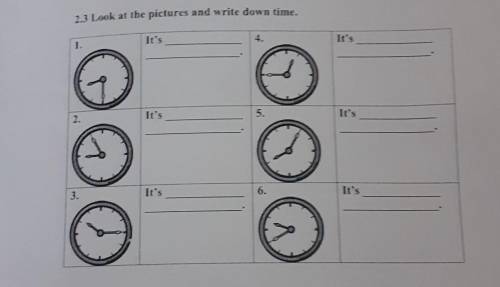 2.3 Look at the pictures and write down time. It'sIt's1.5.It'sIt'sIt's6.It's3.​