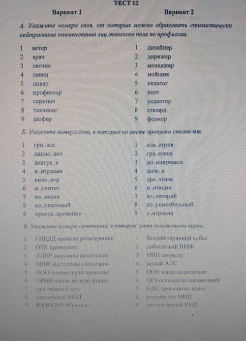с тестами Вариант 1 и Вариант 2 ​