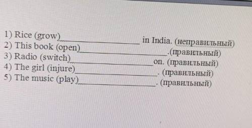 1) Rice (grow) in India. 2) This book (open). 3) Radio (switch) on. 4) The girl (injure). 5) The mu